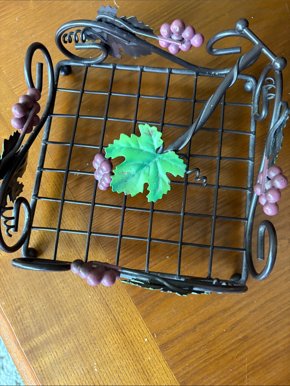 Decorative Metal Napkin Holder with Green Leaf and Purple Grape Accents